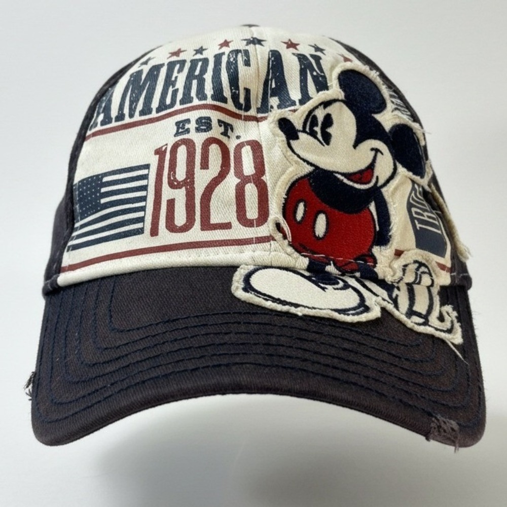 Disney Parks Mickey Mouse Hat Adult OSFM Patches Distressed Retro American Flag